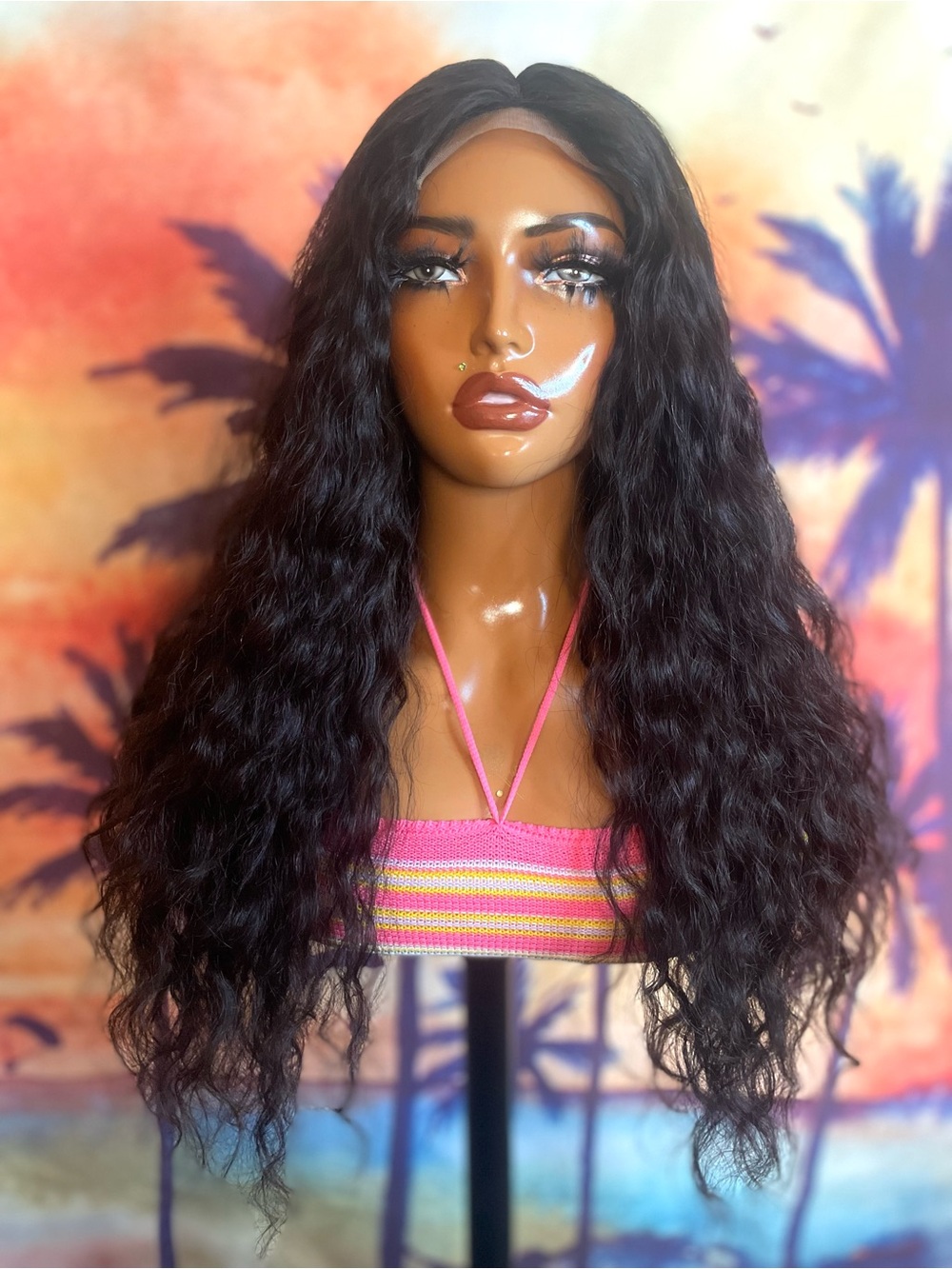 22” Natural Black Deep Wave Closure Lace Wig - 100% Human Hair